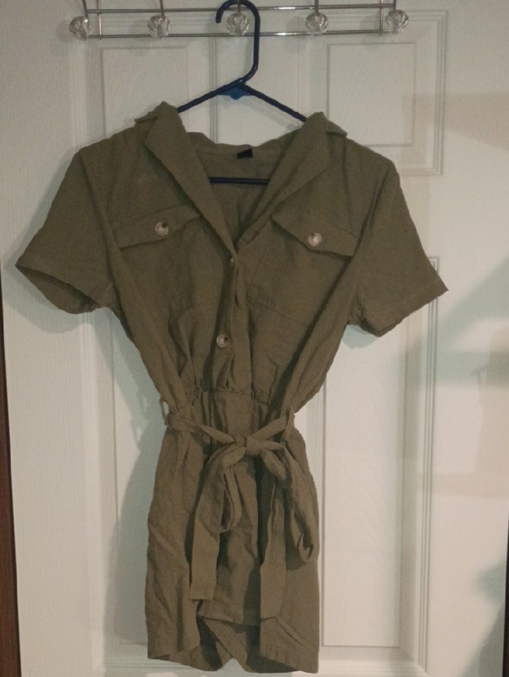 SHEIN Olive Green Short Sleeve Shirt Dress with Waist Tie